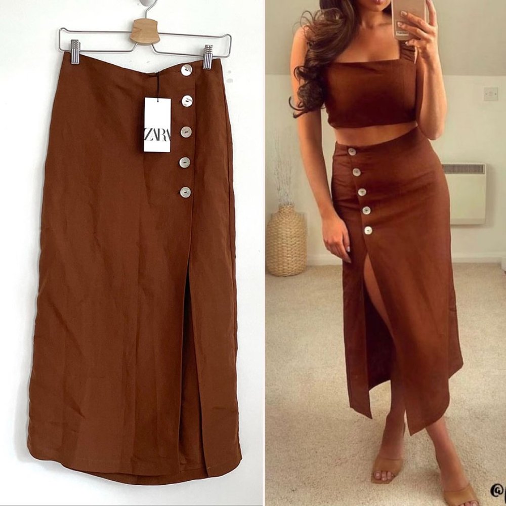 COPY - NWT LINEN BLEND BUTTONED BROWN SKIRT XS